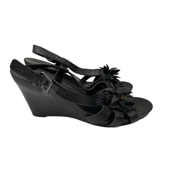 Ecco Women's Black Leather Wedge Sandal W/Flower Size EU 41/US 10-10.5 - Picture 1 of 5